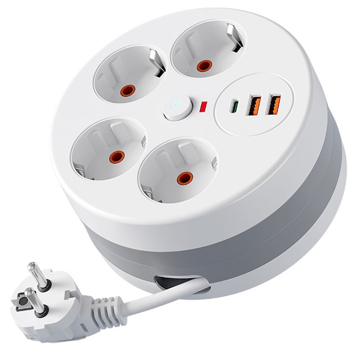 Kompaktes Verlängerungskabel, 2,8 M Langes Einzugskabel, 360° Drehbare Scheibe, Ein-/ausschalter Mit Led, 4 Steckdosen (2 Usb-a, 1 Usb-c), Überlastungsschutz, 2500 W, Weiß