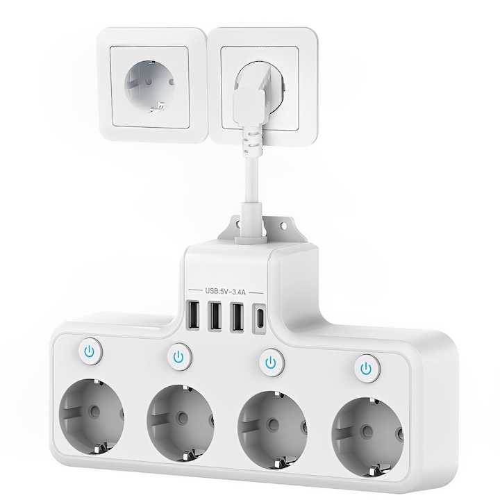 Verlängerungskabel 4000 W, 4 Steckdosen/3 Usb-a/1 Usb-c, 4 Einzelschalter, Wandsteckdose, Weiß