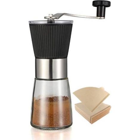 Handkaffeemühle Mit 100 Stück Kaffeefilter, Einstellbarem Konischem Keramikmahlgut Für Espresso-filter Und Aeropress, French Press Kaffeebohnenmühle (schwarz)