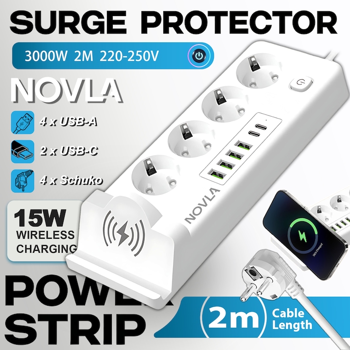 Verlängerungskabel Mit Überspannungsschutz, Novla, 2 M Kabel, 15 W Kabelloses Laden, 3000 W/10 A, 220–250 V, 4 Steckdosen, 4 X Usb-a, 2 X Usb-c, Kindersicherung, Geerdet, Feuerfest, Weiß