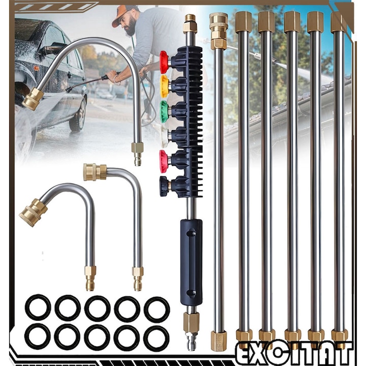 Set Mit 10 Hochdruckreiniger-verlängerungsstangen Inklusive Düsen, Gebogener Stange, Verbindungsstücken Und O-ringen, 4000 Psi, Mehrfarbig