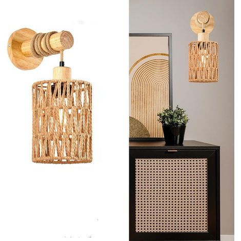 Wandlampe Aus Rattan, Zylindrisch, Landhausstil, E27-fassung, Lampenschirm Aus Rattan, Dekorative Wandleuchte Ideal Für Schlafzimmer Und Hotel (khaki, Ohne Leuchtmittel)