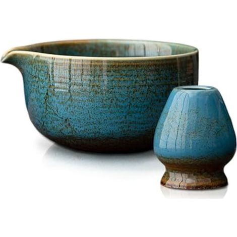 Matcha-tee-service, Blau, 2-teilig, Bestehend Aus Einem Chawan (510 Ml) Und Einem Keramik-besenhalter. Minimalistische Accessoires Für Haus, Büro Oder Als Geschenk.