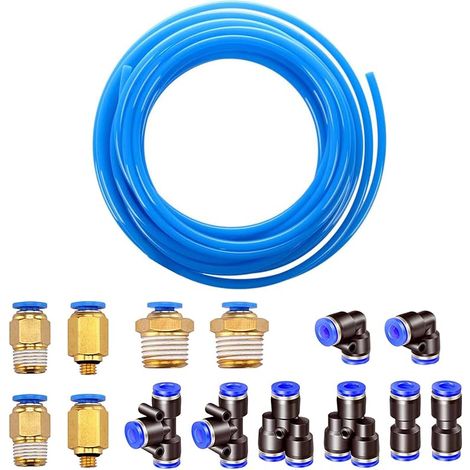 10m Polyuréthanetuyau Pneumatique 6mm Bleu, Pu Tuyau Air, Avec 14 Connecteur Pneumatique 4mm (2 Droits, 2 Coudes, 2 Raccords En T, 2 Séparateurs En Y, 6 Raccords Filetés Mâle)