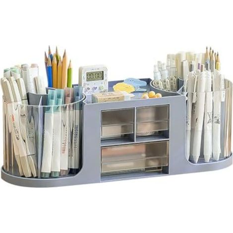 Stiftehalter, Doppelseitig Drehbarer Schreibtisch-organizer Mit 14 Fächern, Hoher Kapazität Und Zweischichtigem Transparenten Schubfach Für Stifte Und Verschiedene Schreibwaren