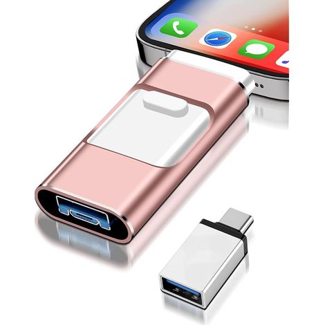 Cle Usb 128 Go, 4 En 1 Clé Usb C Pour I-phone/i-pad/android/pc, Utilisation Immédiate, Sans Installation D'Application, Adaptée Au Stockage De Photos Et De Vidéos,rose(128gb)