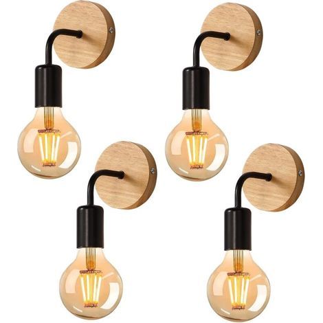 Wandapplique Led Retro 4er-set Aus Schwarzem Eisen Und Hellem Holz Mit E27-fassung Für Vintage-leuchtmittel – Industrielles Design Für Wohnzimmer Und Schlafzimmer