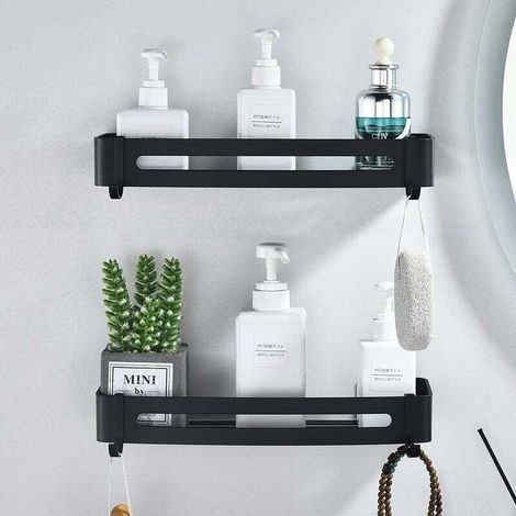 Etagere Douche Noir Etagere Salle De Bain Sans Percage Panier Murale De Douche En Aluminium Tablette De Rangement Salle De Bain Serviteurs De Douche Adhesive, Durable, Non Rouillée (2 Niveaux)