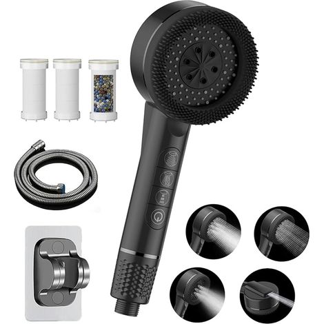 Antikalk-duschbrause Mit Hochdruck, Duschbrause Mit Wasserfilter Zur Wassereinsparung, 3+1 Strahlarten Handbrause Für Badezimmer Mit Wasserstopp-knopf, Mit 1,5 M Schlauch Und Halterung, Schwarz