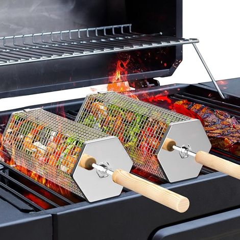 Grillkorb Mit Rollen, Abnehmbarer Griff, Edelstahl 304, Stapelbar, Gemüsegrill-zubehör, Grillutensilien Für Küche, Outdoor Und Camping, Geburtstagsgeschenk Für Mann Und Papa