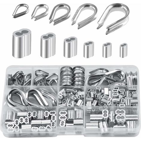 Set Aus 250 Aluminiumseilpresshülsen In 6 Verschiedenen Größen – Sortiment Aus Doppelt Verpressten Hülsen Und Je 5 Presshülsen Einer Größe Für Stahlseile