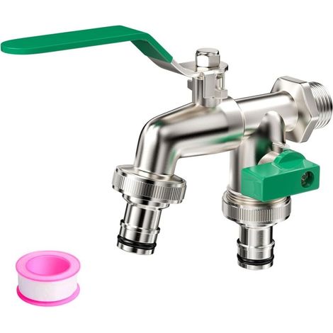 Gartenwasserhahn 1/2", Mit Zwei Kugelhahn-ausgängen 3/4", Verteiler Mit Kugelhahn, Tropfsicherer Wasserhahn, Außenwasserhahn Aus Messing, Für Garten Und Waschmaschine
