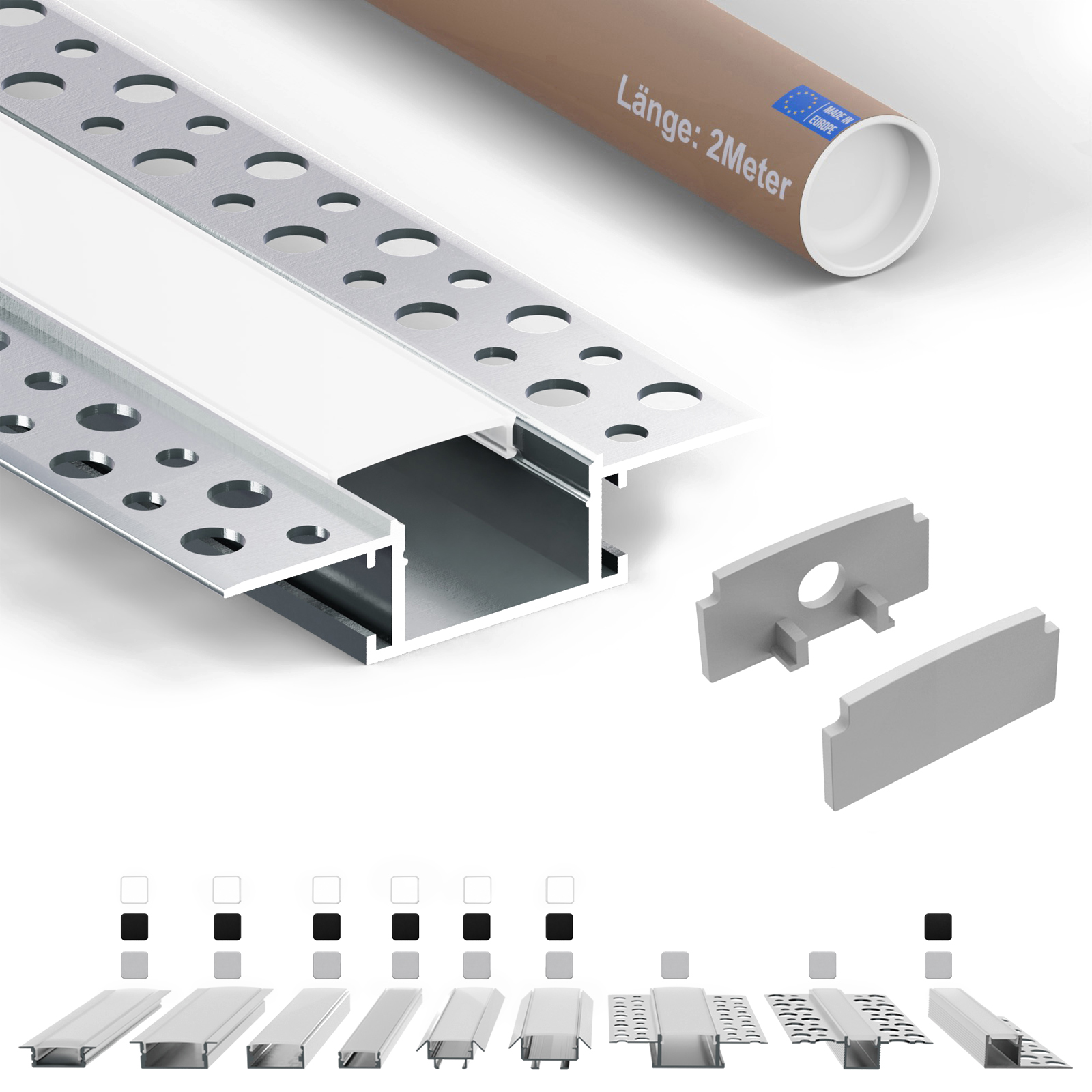 Led-trockenbauprofil T1 2 M Silber Für Led-streifen Bis 20 Mm Inkl. Milchiger Abdeckung