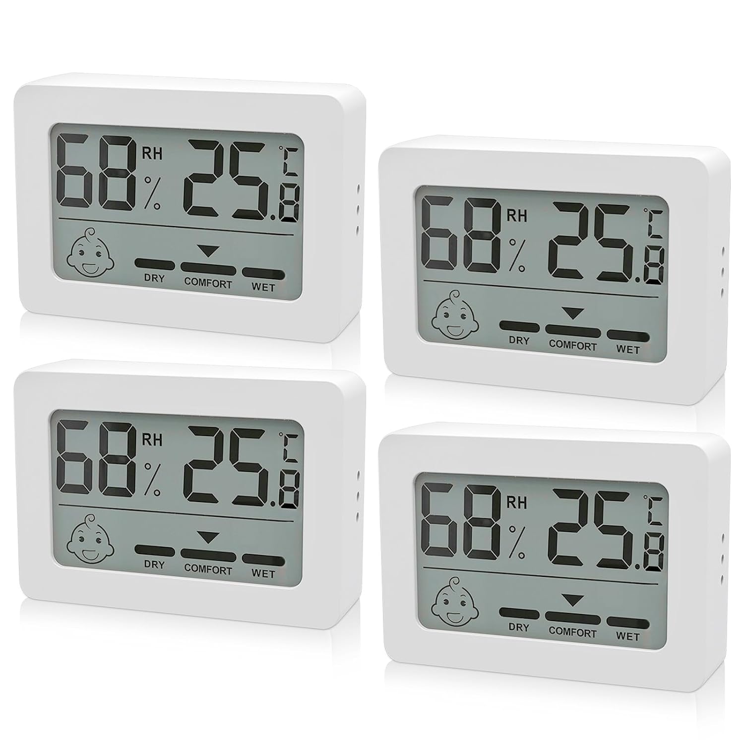 4er-set Mini-digital-thermometer/hygrometer Für Den Innenbereich Mit Smiley-anzeige – Thermometer Für Babyzimmer, Wohnzimmer, Schlafzimmer, Büro, Weiß, Fu40