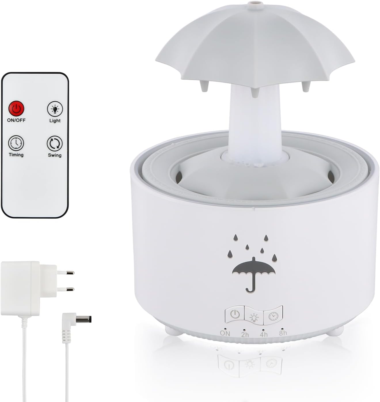 300-ml-regenluftbefeuchter, Aromadiffusor Mit Ätherischen Ölen, Luftbefeuchter Mit Nachtlicht In 7 Farben, Schirmlicht, Rotierender Aromadiffusor Für Büro Und Schlafzimmer (weiß)