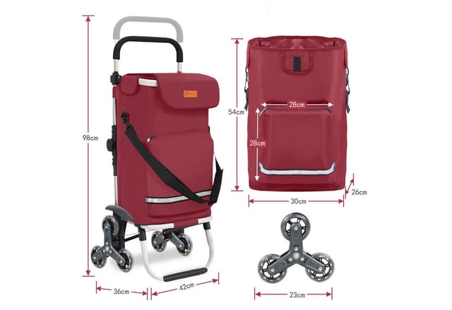 Sekey Aluminium 3 In 1 Treppensteiger Einkaufstrolley, Trolly Einkaufswagen Klappbar Mit Kühlfach, 6 Räder, Rot