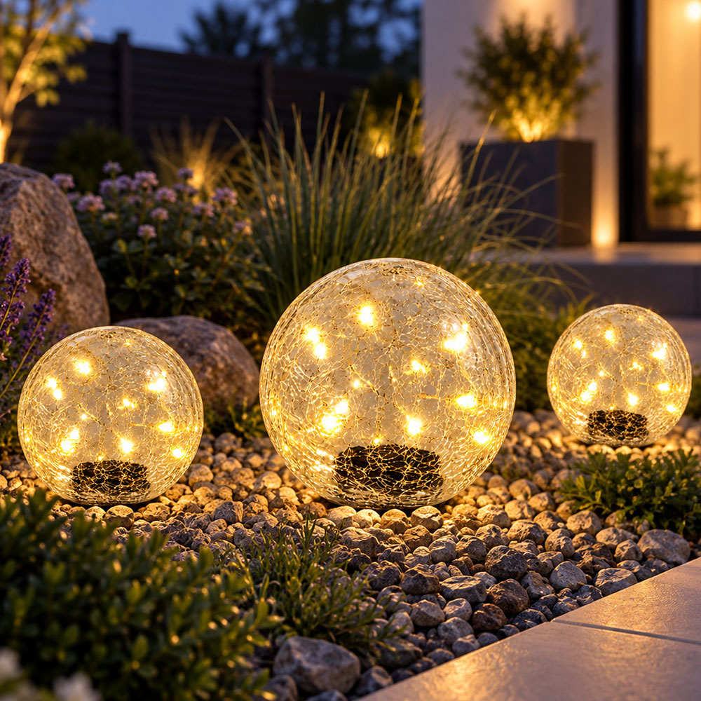 3x Led Außenleuchte Solarleuchte Gartenleuchte Crackleglas Klar Glas Ip44