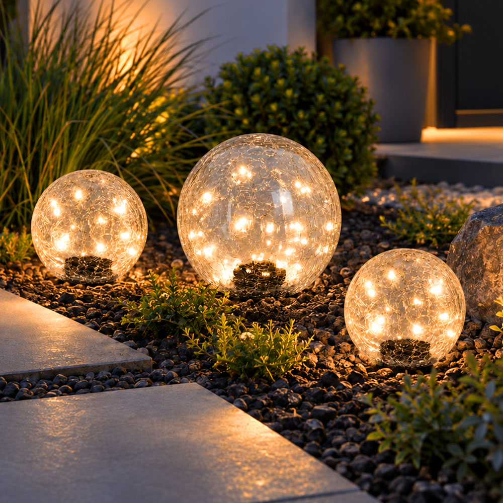 3x Led Solarleuchte Außenleuchte Gartenkugel Crackleglas Klar Glas Ip44