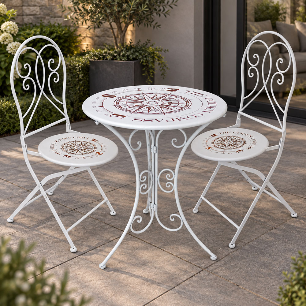 3x Klappstühle Tisch Gartenmöbel Weiß Eisen Kompass-motiv H 93 Cm