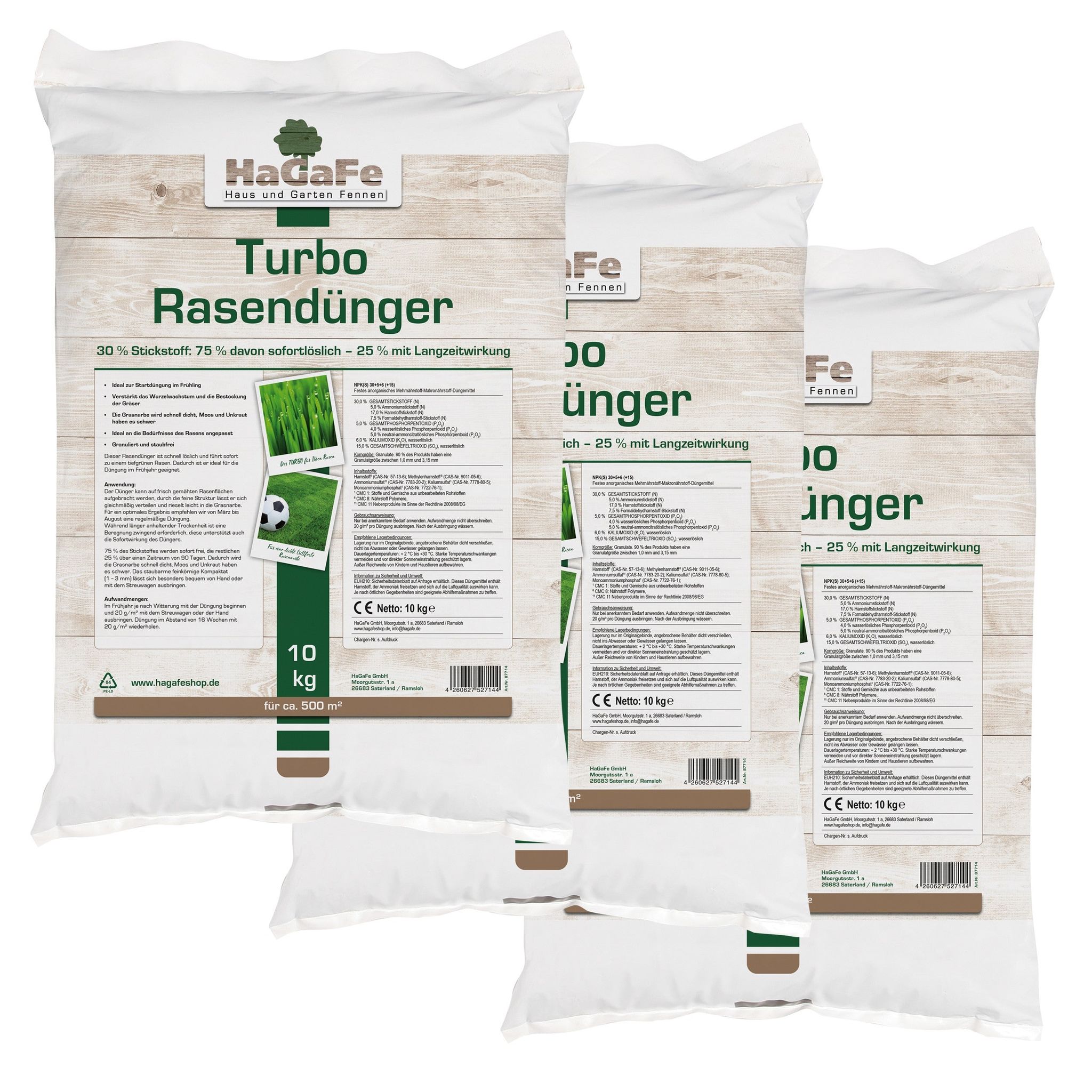 Hagafe Turbo Rasendünger 30% Stickstoff Rasen Dünger Mit Sw Und Lzw 120 Tage 30kg Für 1.500 M² (3 X 10 Kg)