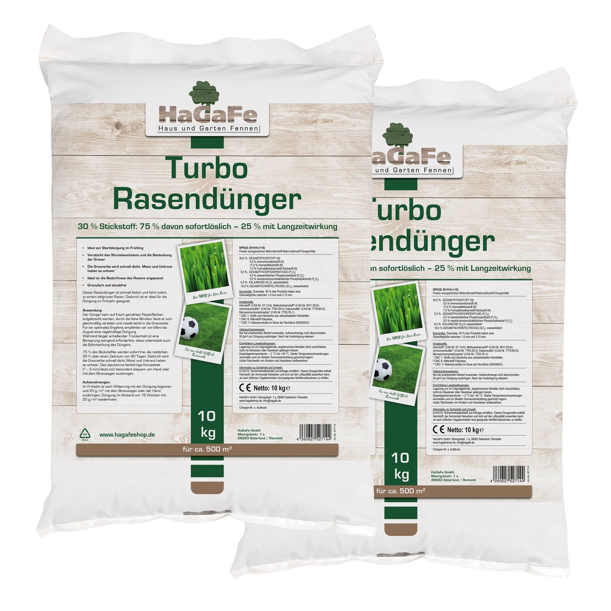 Hagafe Turbo Rasendünger 30% Stickstoff Rasen Dünger Mit Sw Und Lzw 120 Tage 20kg Für 1.000 M² (2 X 10 Kg)