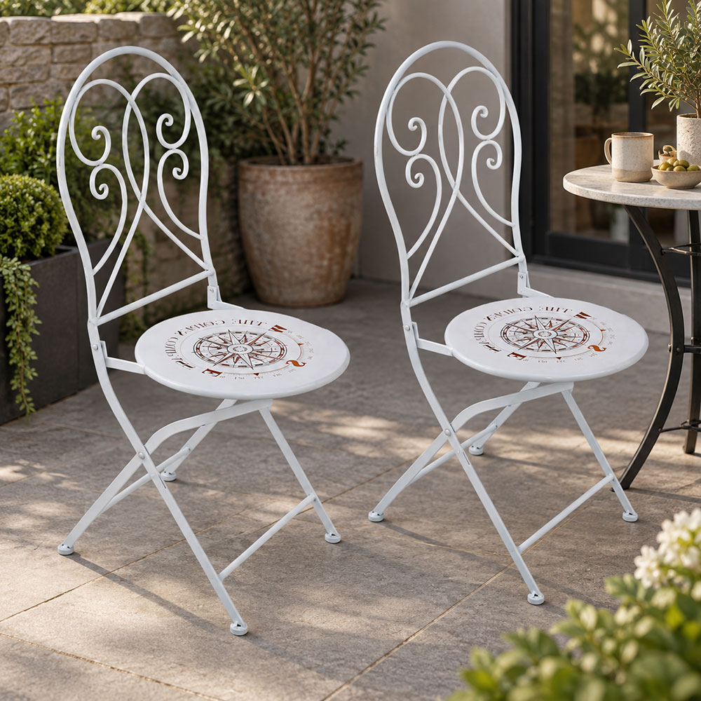 2x Gartenstuhl Klappstuhl Balkon Kompassmotiv Veranda Weiß Metall Klappbar H 93 Cm