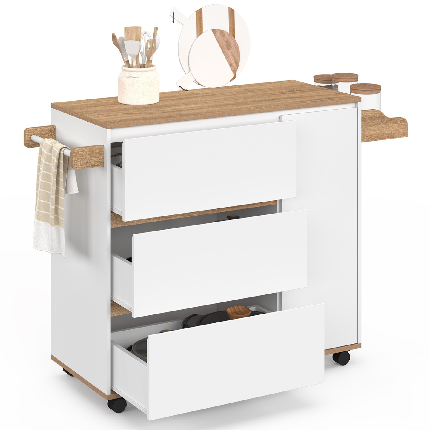 Küchenwagen Comi Xxl Mit 3 Schubladen, Frontauszug, Weißem Schrank Und Platte In Buchenoptik B. 90 Cm