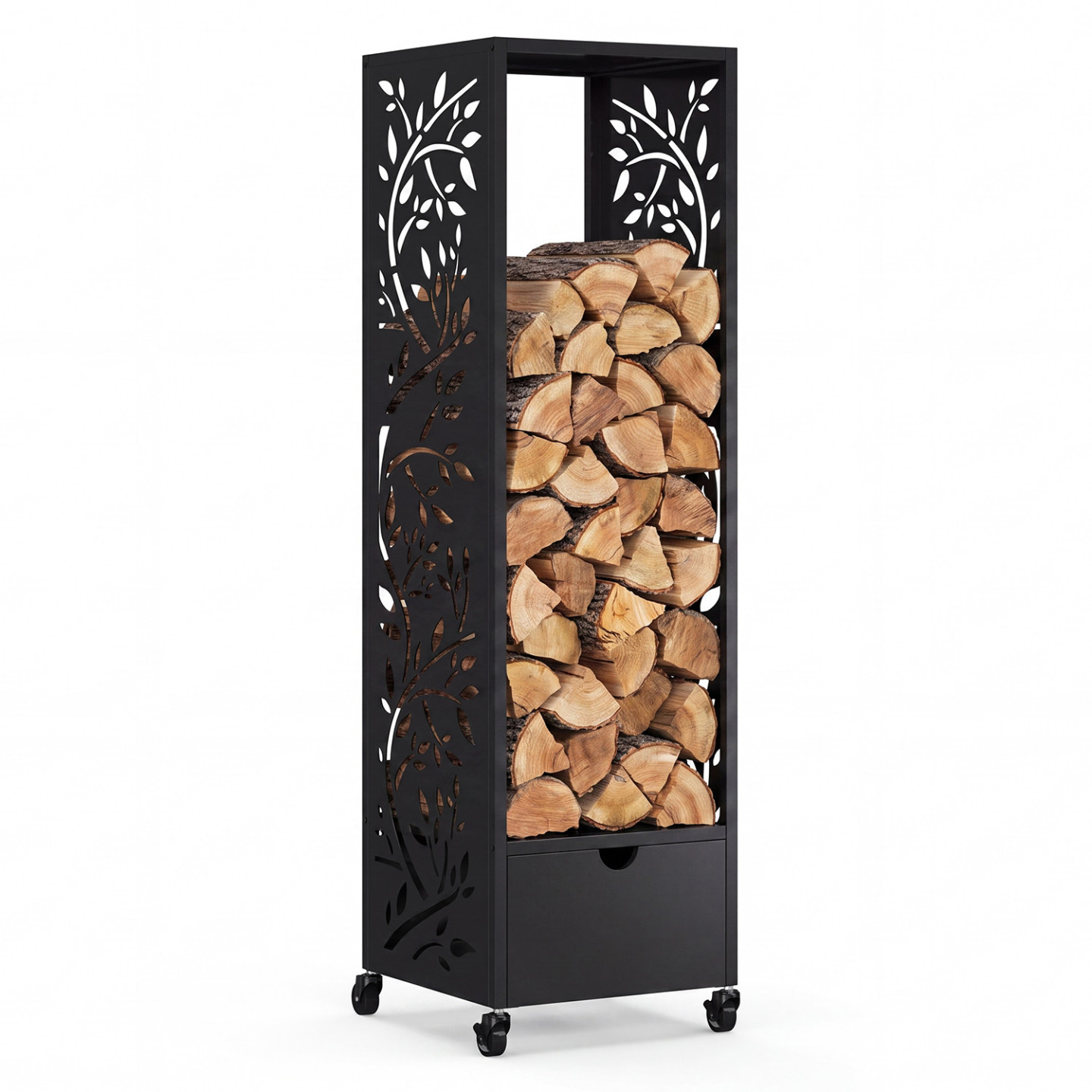 Vertikale Holzablage Aus Schwarzem Stahl Mit Baum-motiv H. 140 Cm Für Kamin Mit Rollen Und Schublade