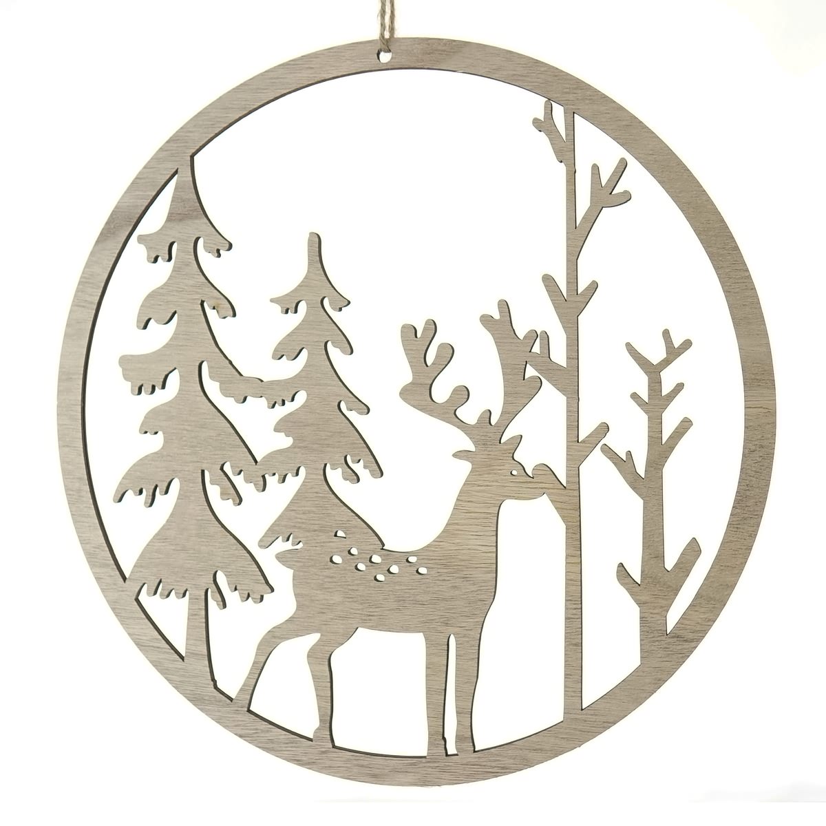 Kaemingk Fensterbild Rund Mit Hirsch & Tannen Natur Ø 30 Cm - Holz