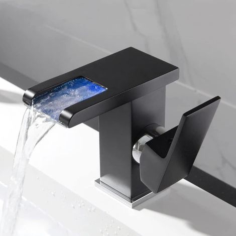Badezimmer-waschtischarmatur, Led-waschtischarmatur Mit Wasserfalleffekt, Einhand-waschtischarmatur, Rgb-farbwechsel Durch Wasserfluss, Waschtischarmaturen/schwarz