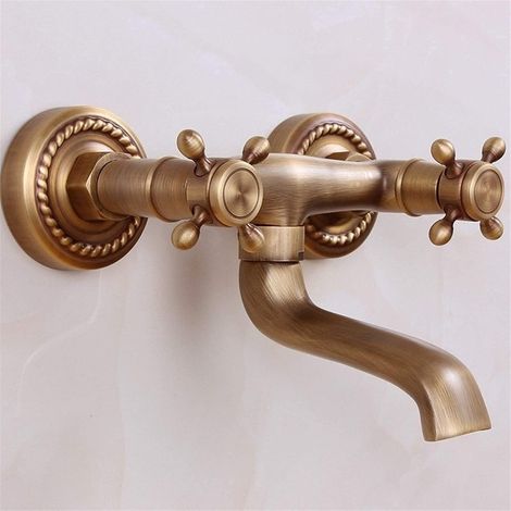 Wasserhähne, Badarmatur Aus Antikem Messing, Badewannenarmatur Für Heißes/kaltes Wasser, Eleganter Retro-küchenarmatur Aus Antikem Messing Zur Wandmontage, 16 Cm Auslauf