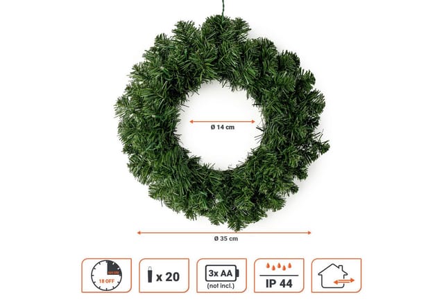 Led Weihnachtskranz Grün Mit Timer Und Funktionen - 35 Cm - Deko Kunst Tannenkranz Warm Weiß Beleuchtet Batteriebetrieben Für Außen Und Innen