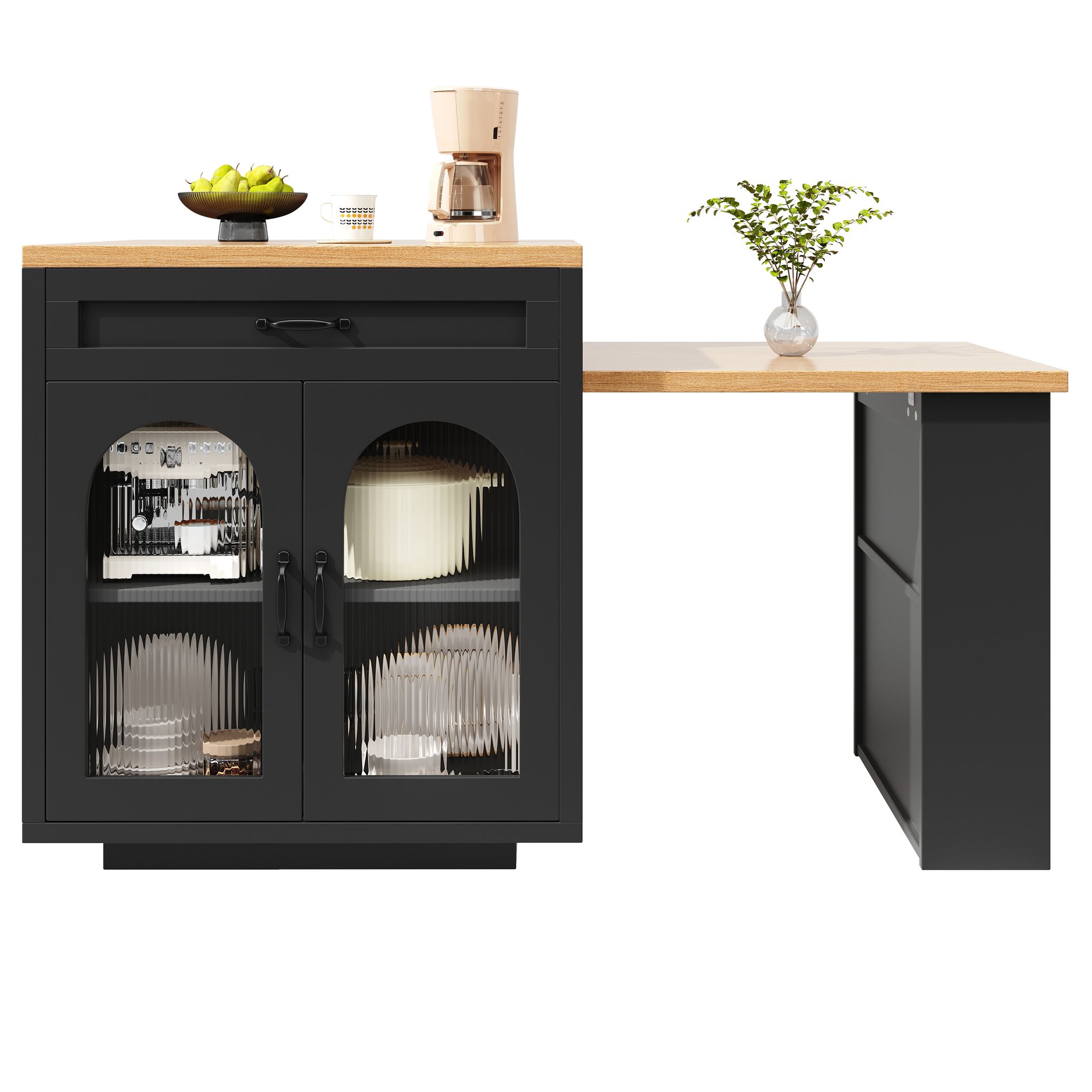 Kücheninsel Mit Ausziehplatte 2 Schubladen Verstellbarem Einlegeboden Rgb Led Aus Mdf Schwarz 126-196 X 59 X 94 Cm