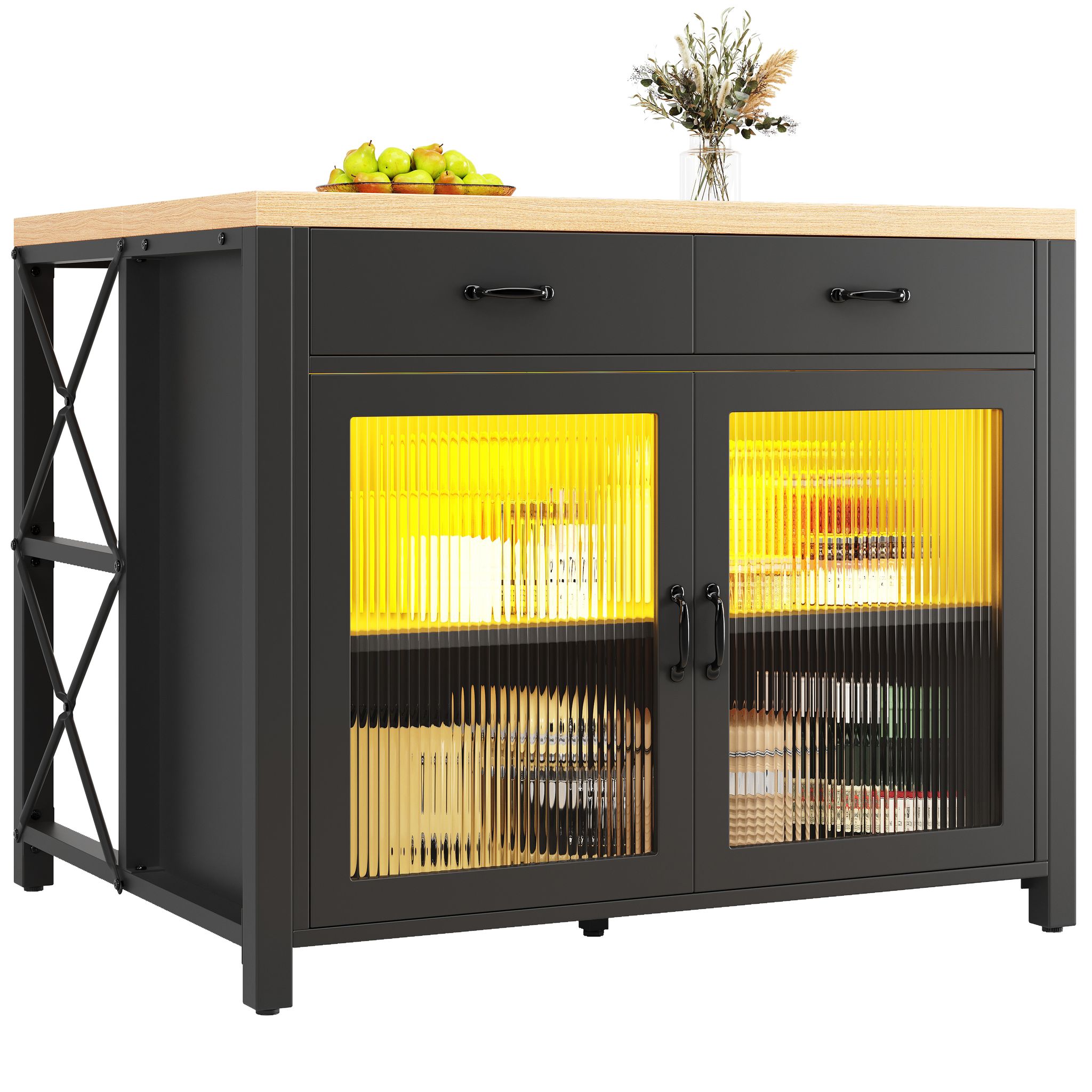 Kücheninsel Mit 2 Schubladen, Glastür Und Verstellbaren Füßen Aus Mdf Und Glas, 100 X 80 X 90 Cm, Schwarz