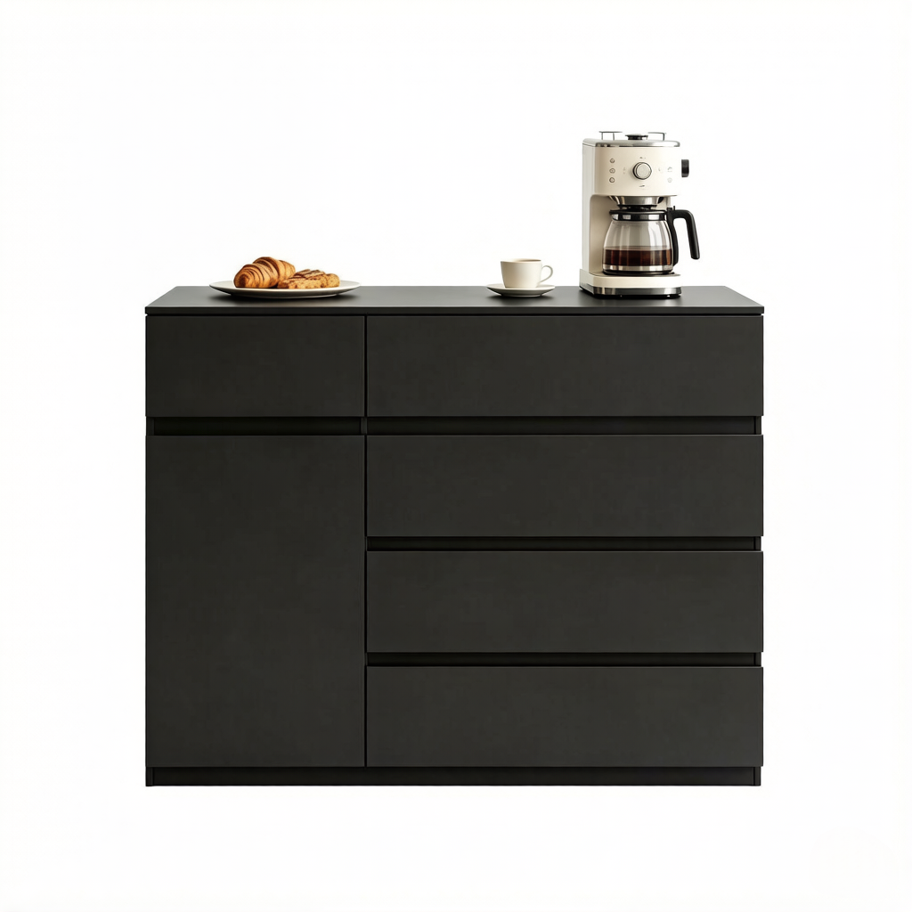 Kommode Mit 5 Schubladen Und Schrank Mit Verstellbarem Einlegeboden, Verdeckte Griffe, Küche, 100 X 40 X 80 Cm, Schwarz
