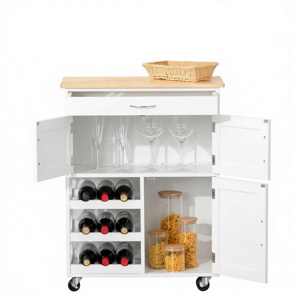 Küchenwagen Mit 3 Türen, 1 Schublade Und Flaschenregal Für 9 Flaschen Aus Mdf, 67 X 37 X 87 Cm, Weiß