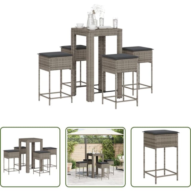 Gartentisch - 5-tlg. Gartenbar-set Mit Kissen Grau Poly Rattan