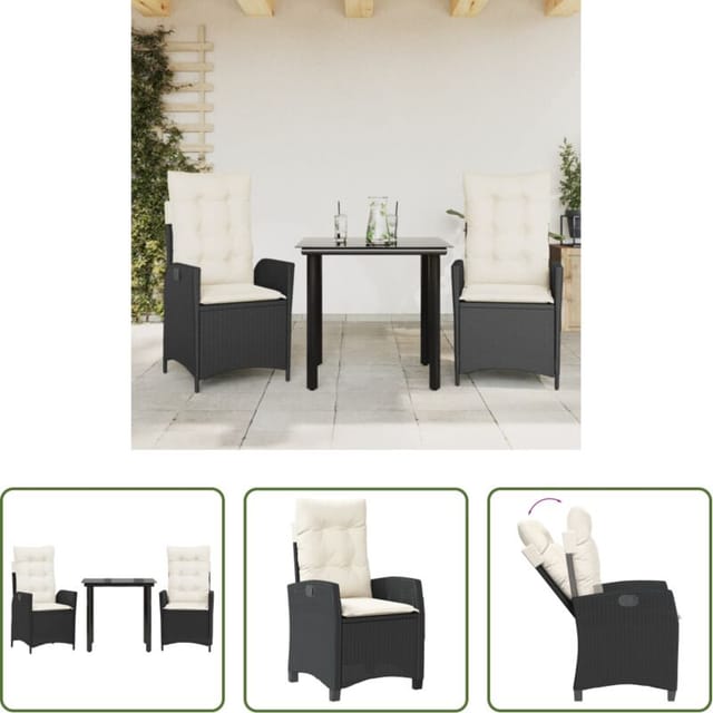 Gartenstuhl - 3-tlg. Garten-essgruppe Mit Kissen Schwarz Poly Rattan