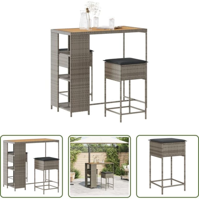 Gartentisch - 3-tlg. Gartenbar-set Mit Kissen Grau Poly Rattan
