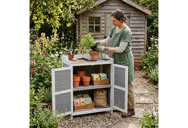 Relaxdays Pflanztisch Mit Unterschrank, Holz, Eisen Arbeitsplatte, Hxbxt: 100 X 67 X 47 Cm, Gartenschrank, Grau/weiß