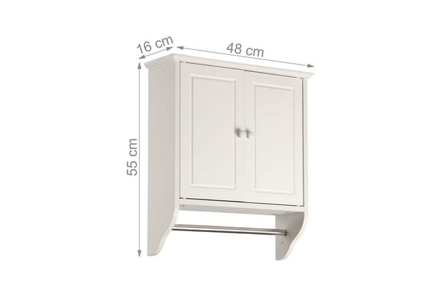 Relaxdays Hängeschrank Bad, 2 Fächer, Handtuchstange, Hxbxt: 55 X 48 X 16 Cm, Landhausstil, Wandschrank, Weiß/silber