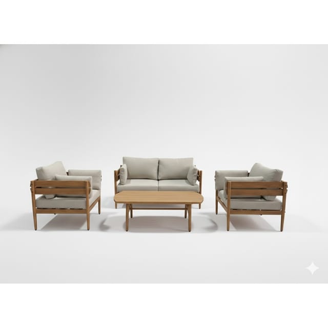 Gartenmöbel-set Selvano 4 Plätze Aus Aluminium In Holzoptik Mit Beigen Kissen Und Einem Couchtisch