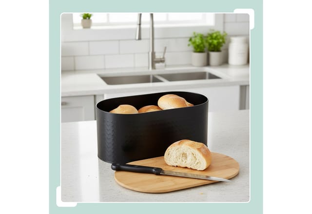 Relaxdays Brotkasten, Bambus & Stahl, Deckel Als Schneidebrett, Hbt: 15,5 X 34 X 18,5 Cm, Brotaufbewahrungsbox, Schwarz