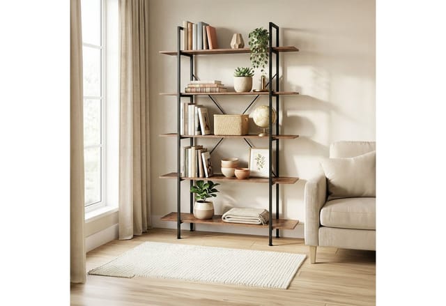 Relaxdays Bücherregal Mit 5 Ebenen, Industrial Design, Hbt: 177,5 X 105 X 33,5 Cm, Mdf & Metall, Raumteiler Regal, Braun