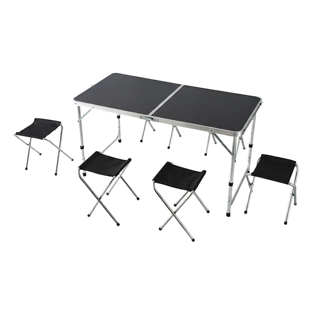 Relaxdays Campingtisch, 4 Sitzhocker, Klappbar, Höhenverstellbar, Mit Tragegriff, Aluminium, Mdf, Gartentisch, Schwarz