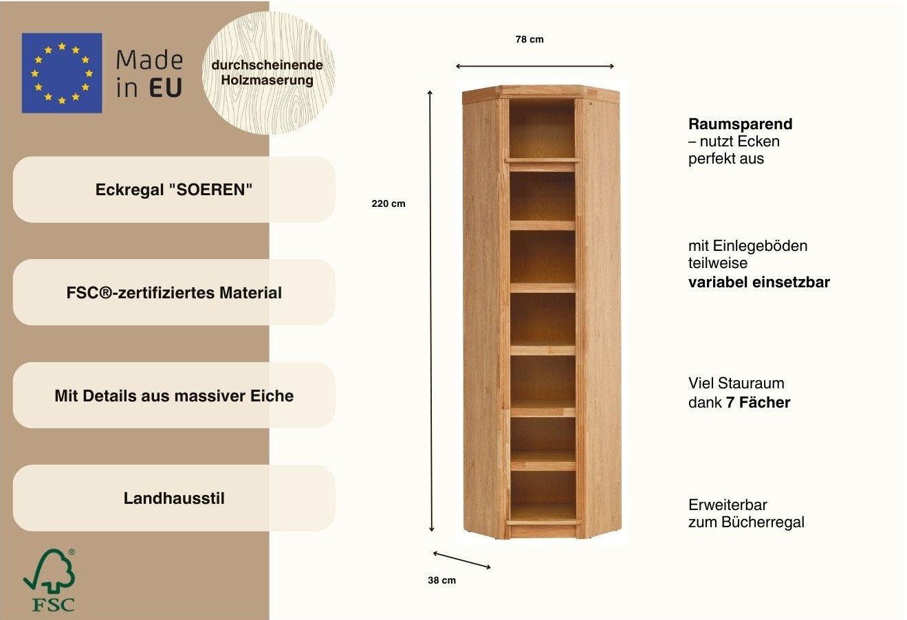 OTTO home Eckregal Soeren mit Eiche-Elementen, Regal Höhe 220 cm, FSC®-zertifiziert, passend für Regale Soeren mit einer Tiefe von 29 cm Bild 3
