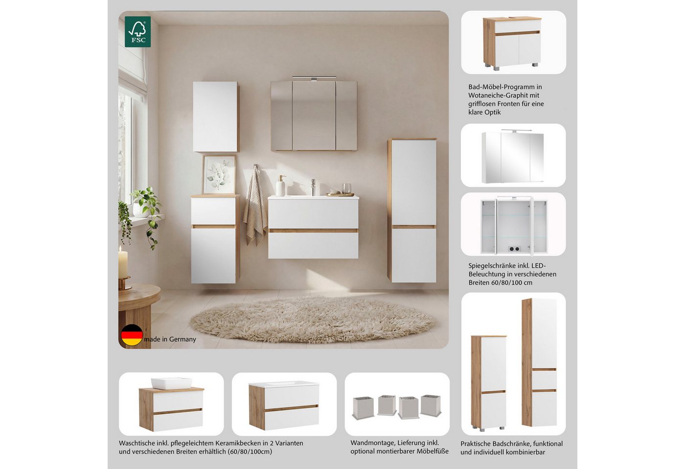 OTTO home Spiegelschrank BOZEN, 3D-Spiegelschrank 60 cm (Badezimmerschrank, Badschrank, Stauraum, Badmöbel, Schrank) Inklusive LED-Aufbauleuchte, Steckdose und Schalter Bild 2