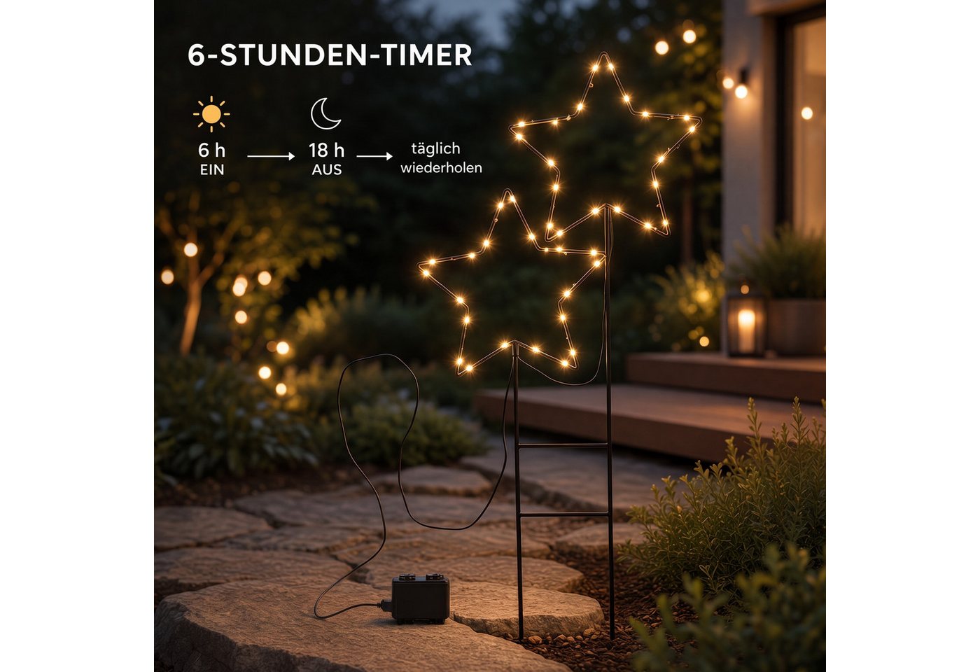 Meinposten LED-Lichterkette Gartenstecker Stern LED Weihnachtsbeleuchtung batterie Timer 50x98 cm, batteriebetrieben Bild 5