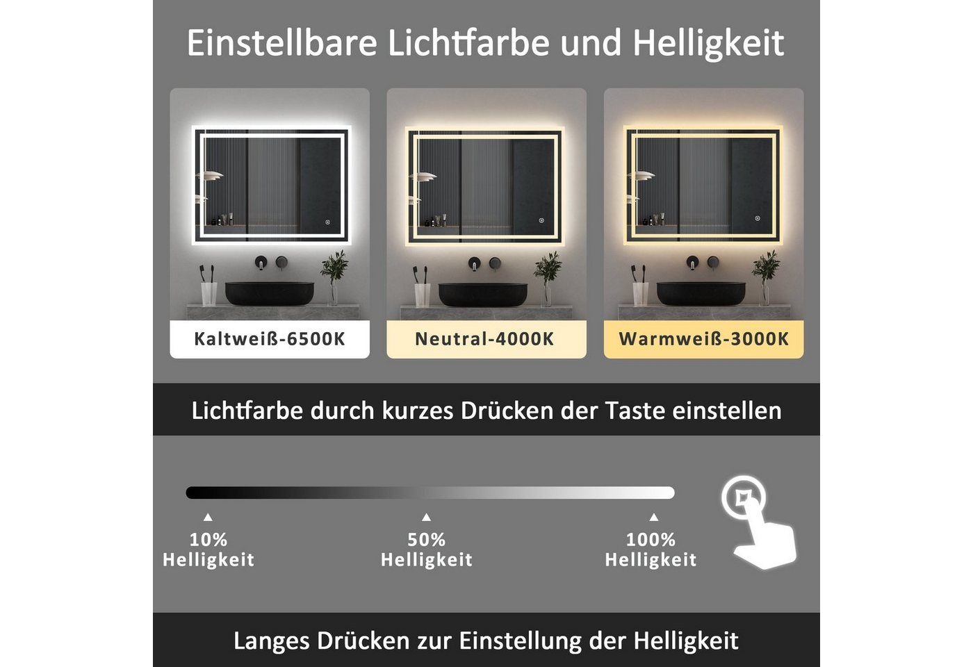 WDWRITTI Badspiegel Wandspiegel Badezimmerspiegel Led mit beleuchtung 80x60 100x60 50x70 (Speicherfunktion, 3Lichtfarben, Helligkeit einstellbar, Touch, Wandschalter), energiesparender, Vertical/Horizontal Installation