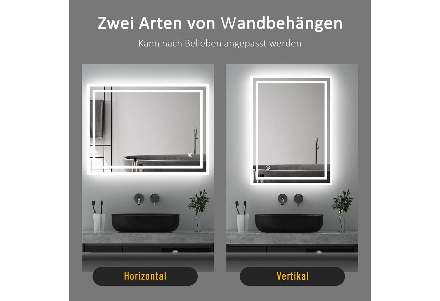 WDWRITTI Badspiegel Wandspiegel Badezimmerspiegel Led mit beleuchtung 80x60 100x60 50x70 (Speicherfunktion, 3Lichtfarben, Helligkeit einstellbar, Touch, Wandschalter), energiesparender, Vertical/Horizontal Installation Bild 2